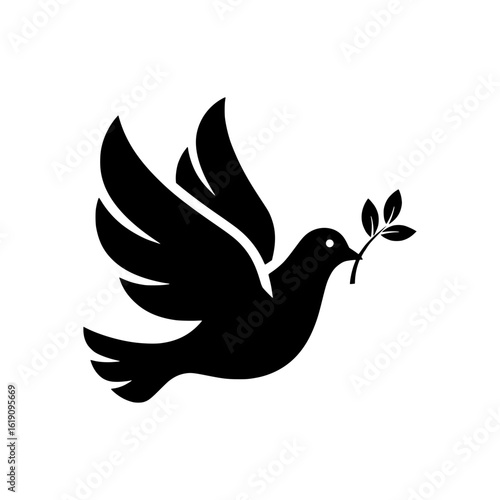 Solid black vector of a peace dove carrying an olive branch in its beak