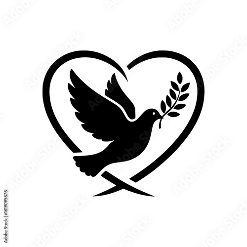 Solid black vector of a peace dove carrying an olive branch in its beak