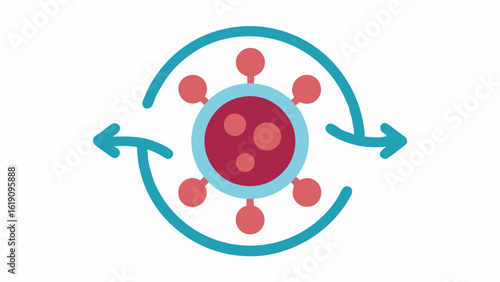 Exosome Symbol A stylized icon representing exosomes showing circular vesicles with arrows indicating their movement towards skin cells symbolizing rejuvenation and firmness.