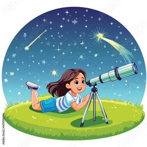 A young girl gazes at the night sky through a telescope, observing stars.