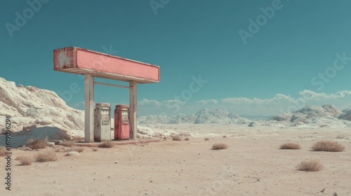 Nostalgic desert landscape with abandoned retro gas station and clear sky