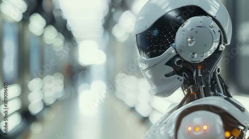 Futuristic humanoid robot portrait in bright interior space