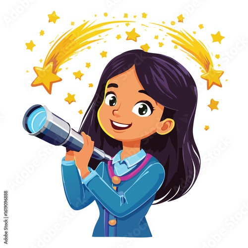 Girl with a telescope looking at shooting stars, smiling, and wearing a blue shirt.