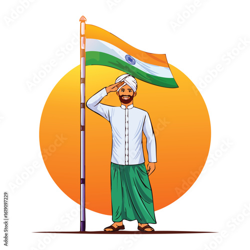 Man in traditional attire saluting the Indian flag against a bright orange backdrop.