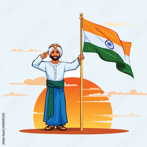 Man in turban saluting the Indian flag against a sunset background, symbolizing patriotism and national pride.