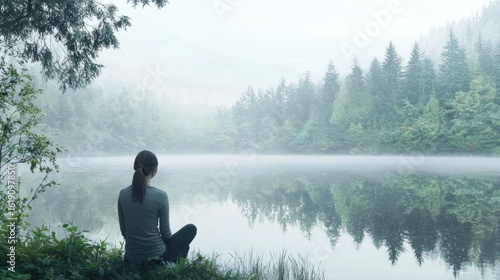 Woman meditating misty lake