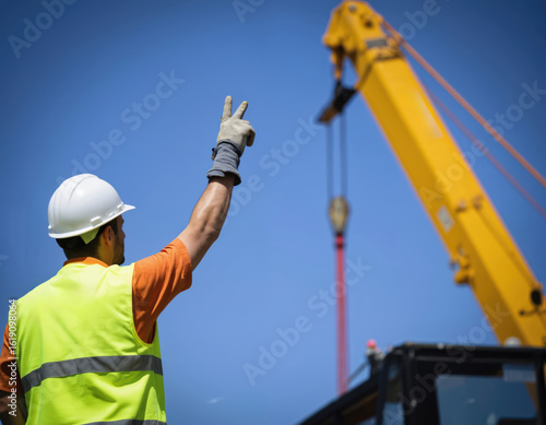 Construction worker in hard hat, safety vest uses hand signals to direct crane operation. Rigger communicates with operator by raising fingers, controlling heavy machinery lift for site safety,