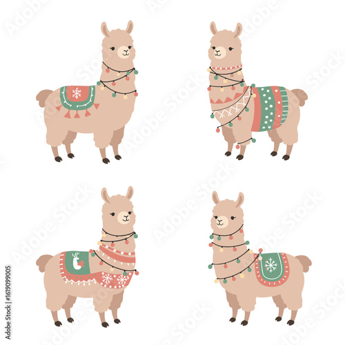 Four cartoon llamas decorated with christmas lights on transparent background