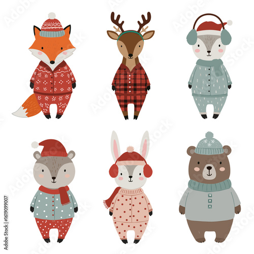 Cartoon animals in winter pajamas and headwear on transparent background