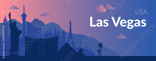 The stunning Las Vegas Skyline features its Iconic Landmarks set against a beautiful Dusk Sky
