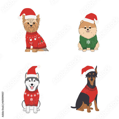 Four dogs wearing christmas sweaters and santa hats on transparent background