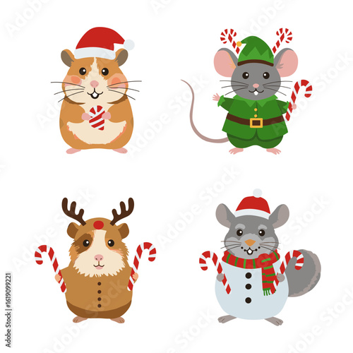 Cartoon animals in christmas costumes with candy canes on transparent background