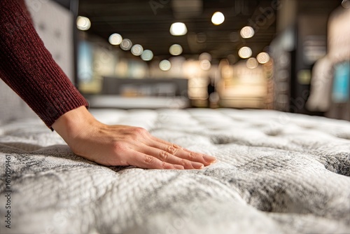 A hand touches a mattress in a store