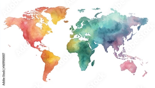 Watercolor world map.  Colorful, abstract