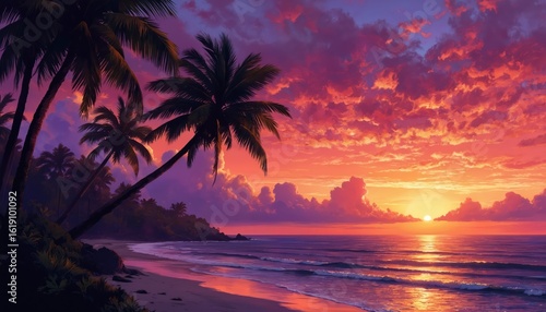 Vibrant sunset paints tropical beach sky with palm tree silhouettes against colorful clouds. Ocean waves gently kiss sandy shore reflecting warm evening light. Serene coastal paradise, tranquil