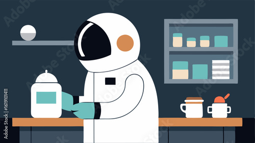 Astronaut at the Counter An astronaut in a white space suit and helmet leans over the counter of a cozy café with a small flag on the suit. The barista a young person with colorful