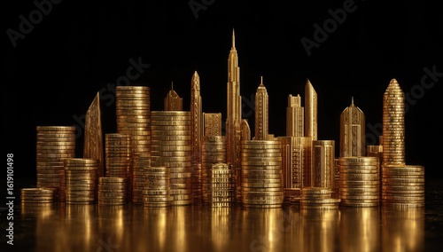 Golden city skyline made of coins (2)
