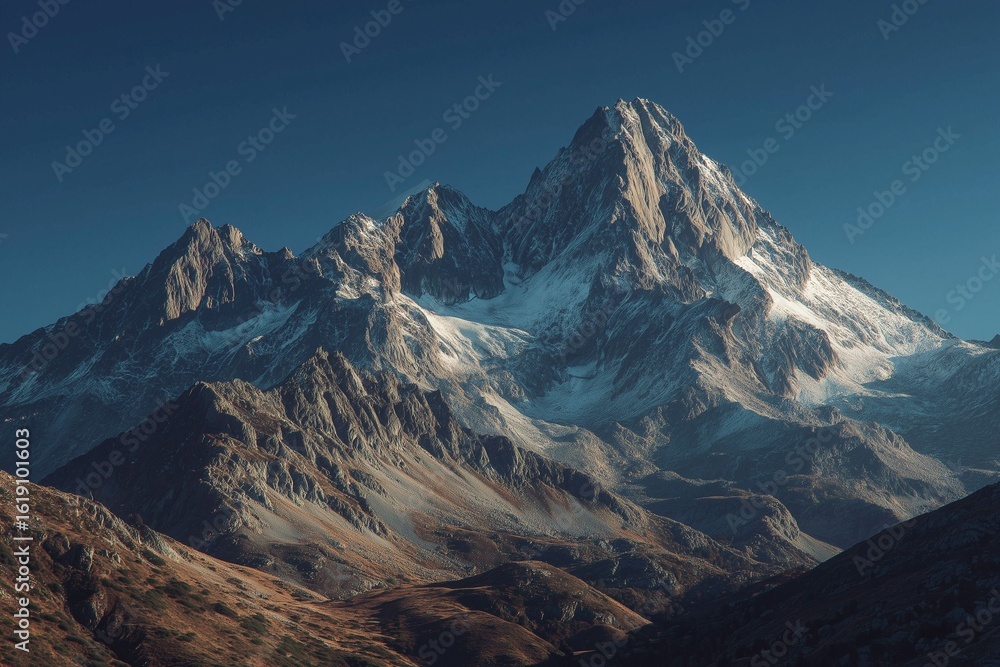 Fototapeta premium Majestic mountain peak under a clear blue sky.