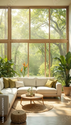 Sunlit modern living room  large windows offer rich green nature views. Light sofa  coffee table  potted plants create calm  cosy  airy atmosphere. Comfortable home interior design.