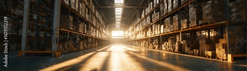 Wallpaper Mural Sunlight streams into a large warehouse filled with goods on high shelves Torontodigital.ca