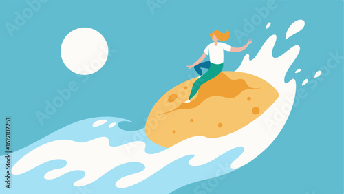 Description Five An engaging illustration where a young person joyfully rides a gigantic cookie as if it were a surfboard expertly maneuvering through a towering wave of milk. The