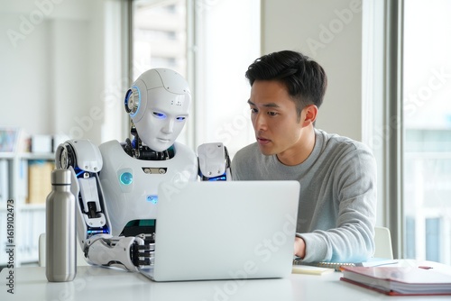 Human and ai robot working together on laptop for artificial intelligence concept