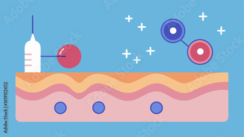 Collagen Production An image of collagen fibers being produced under the skin after the microneedling procedure with exosome symbols speeding up the process.