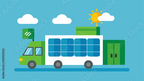 Environmental Sustainability The mobile lab depicted with solar panels on its roof and a recycling station nearby highlighting ecofriendly practices.