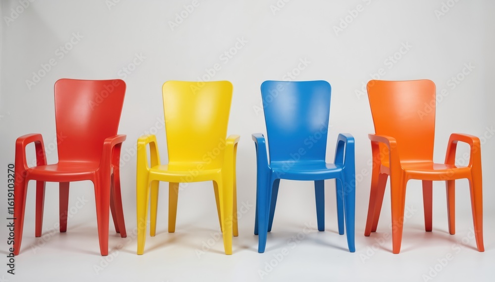 Fototapeta premium Four vibrant plastic chairs in red, yellow, blue, orange arranged in row. Modern furniture set offers simple, clean aesthetic perfect for contemporary home decor, events, versatile indoor seating