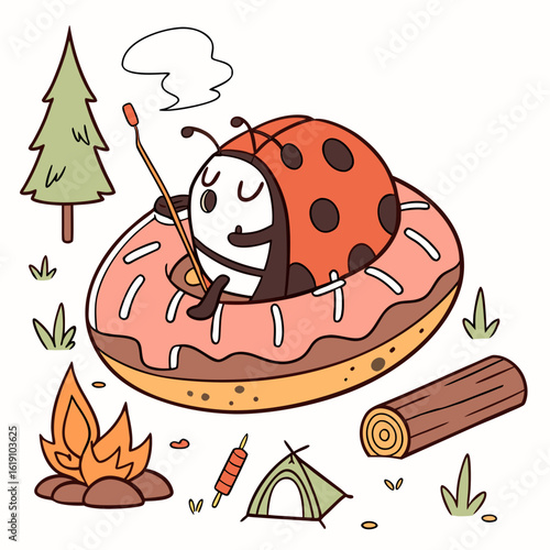 Whimsical Ladybug feeling Bashful in a Camping trip setting with inside a donut float – colored in Campfire Glow