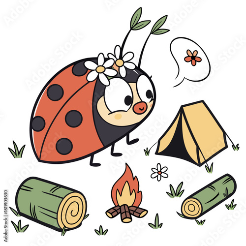 Campfire Glow themed SVG: Bashful Ladybug with with a flower crown in a Camping trip environment