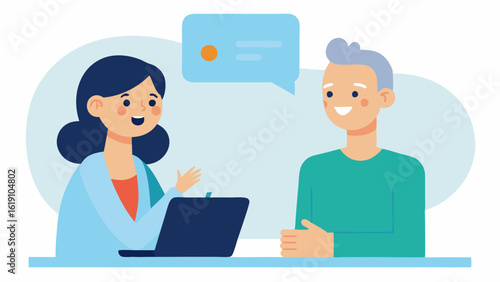 Client Consultation A the explaining the cryofacial process to a curious client in a friendly conversation portraying an informative consultation.