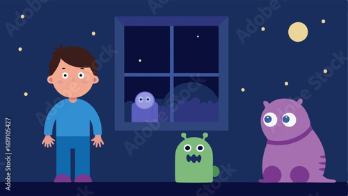Dreamy Night A child bundled in pajamas sits on the floor surrounded by plush toys as the moonlight filters in through a window. The shadow cast on the wall is that of a whimsical