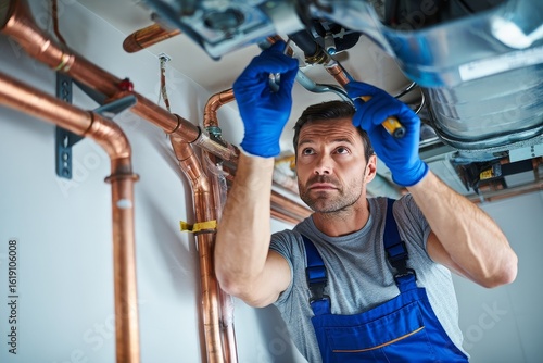 Plumber repairing water heater plumbing pipes home repair services installation work