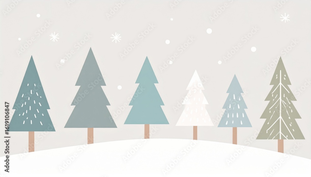 Fototapeta premium Pastel Winter Landscape with Snowflakes and Coniferous Trees Illustration on Light Background