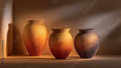 Three warm-toned ceramic vases in a corner setting