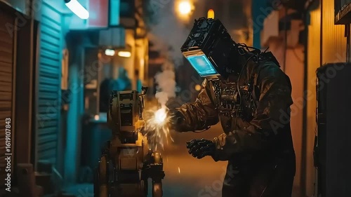 Futuristic figure works on mechanical object at night