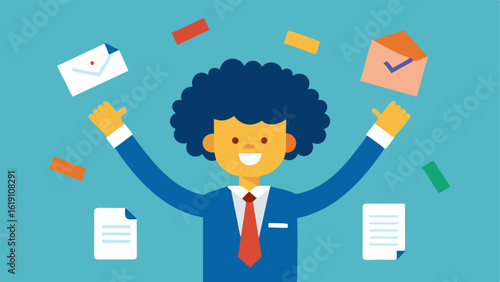 Bureaucratic Victory A character with curly hair and a tie stands firmly on a high pile of varied papers such as reports and memos with their fists clenched and raised in the air.
