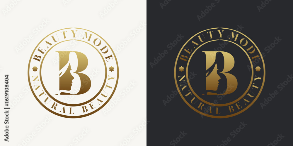 Fototapeta premium Elegant letter B logo featuring a woman's face silhouette in a gold gradient circular badge design. Ideal for beauty, fashion, skincare, and luxury branding.