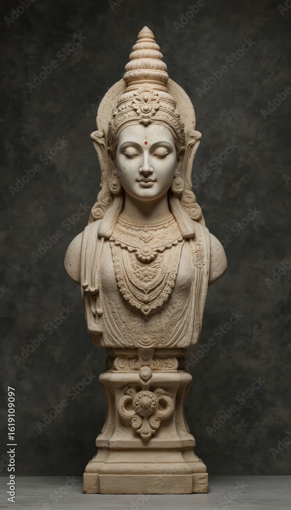 Obraz premium Studio portrait of ornate Hindu goddess bust. Stone carving displays intricate details of deity, spiritual, religious Indian art. Feminine face, serene expression, elaborate headdress, jewelry