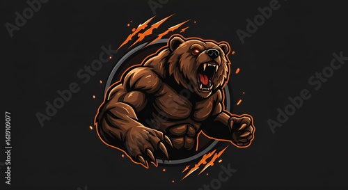 Muscular Brown Bear with Glowing Red Eyes and Sharp Claws on Dark Background