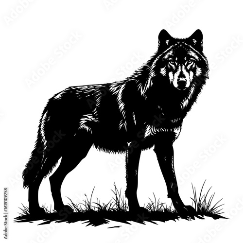 Wolf with a long tail, black and white sketch. Vector illustration. A predatory forest animal, isolated on a white background.