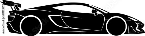 Sleek Black and White Graphic Illustration of a Modern Sports Car with Rear Wing