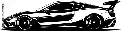Sleek Black and White Graphic Illustration of a Modern Sports Car with Rear Wing