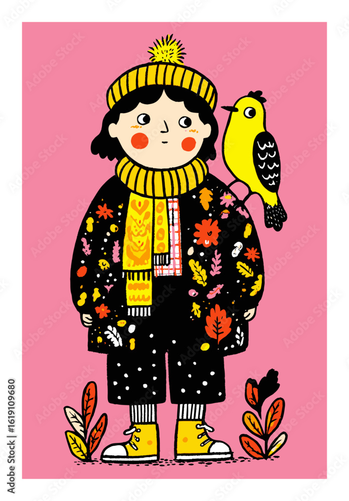 Naklejka premium Cheerful Child in Colorful Outfit with Bright Yellow Bird on Pink Background