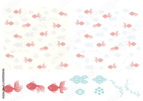 金魚と水草のイラストパターンセット