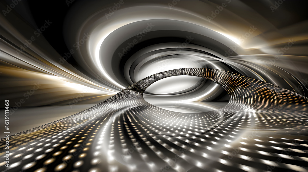 Fototapeta premium Elegant abstract background with metallic spiral and glowing grid, evoking modern technology and data streams.