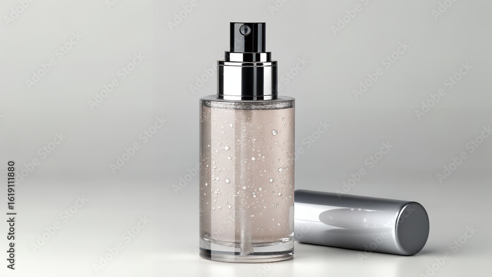 Modern Cosmetic Spray Bottle with Droplets for Skincare and Beauty Product Promotion on White B Modern Cosmetic Spray Bottle with Droplets for Skincare and Beauty Product Promotion on White B