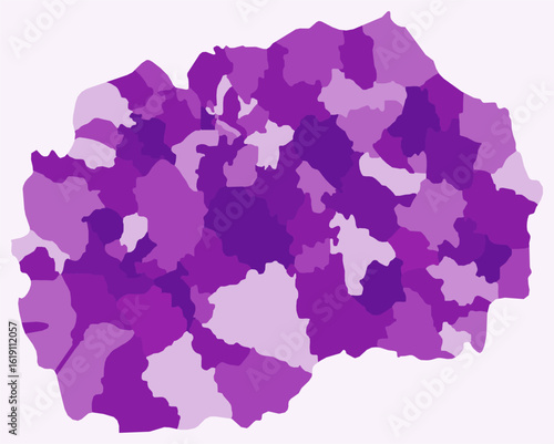 Map of North Macedonia with regions. Just a simple country border map with region division. Purple color palette. Blank North Macedonia shape with administrative division. Vector illustration.
