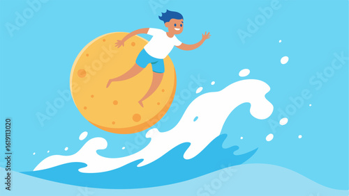 Description Three A dynamic illustration depicting a person in midsurf on a giant round cookie that acts as a surfboard making a splash in a wave of swirling milk. The character